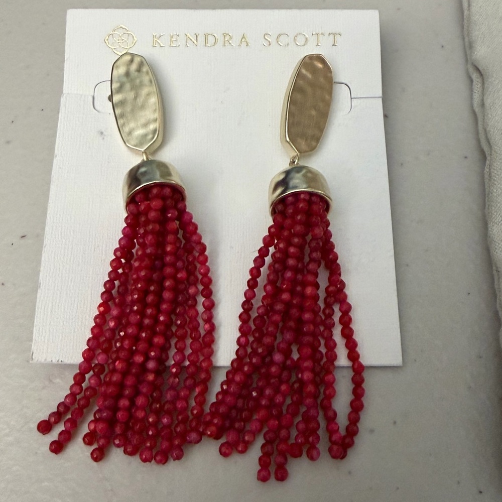 New Kendra Scott Marin Gold Statement Earrings • Beaded Drop Tassel •Maroon